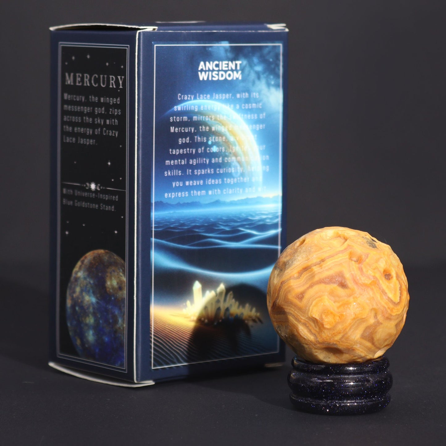 Planète en Jaspe Crazy Lace sur Socle Doré – Sphère Minérale 40mm