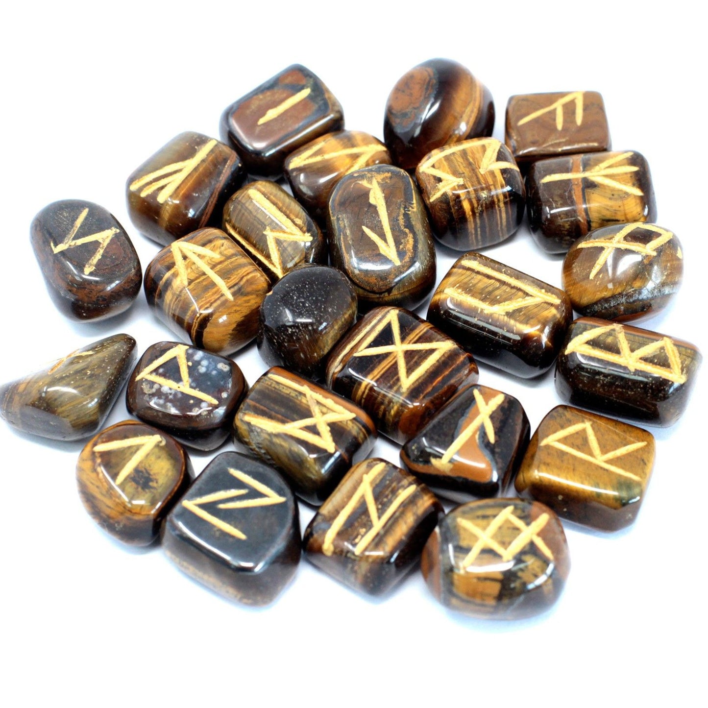 Coffret de Runes en Œil de Tigre – Pierres Gravées & Pochette